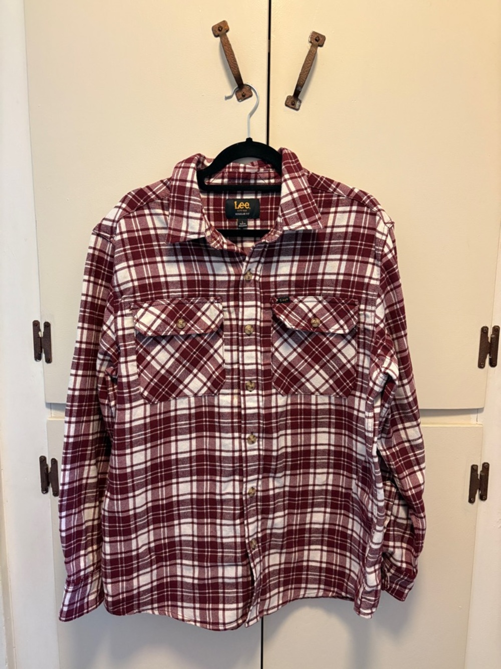 Lee Men's Burgundy and White Plaid Button-Down Shirt